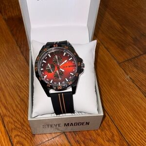 Steve Madden Black Watch with Red-Orange Gradient Dial